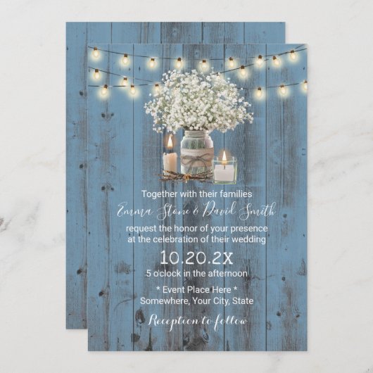Baby's Breath Jar Rustic Dusty Blue Barn Wedding Kaart (Voorkant / Achterkant)