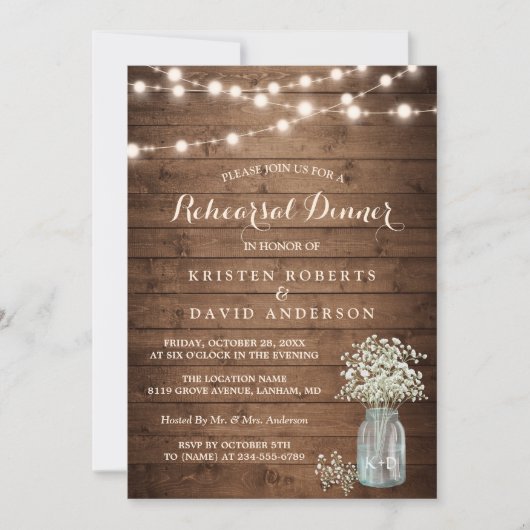Baby's Breath Jar String Lights Rehearsal Dinner Kaart (Voorkant)