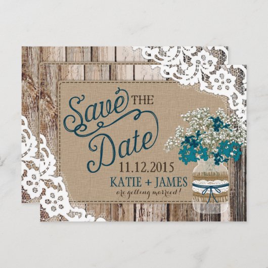 Baby's Breath Lace Rustiek Hout Save the Date Aankondigingskaart (Voorkant / Achterkant)