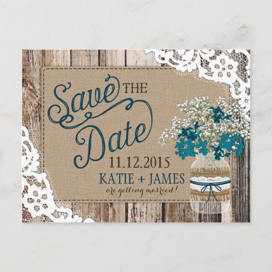 Baby's Breath Lace Rustiek Hout Save the Date Aankondigingskaart (Voorkant)