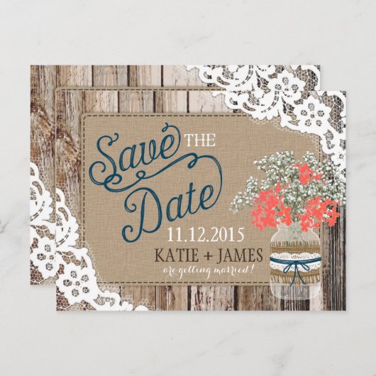 Baby's Breath Lace Rustiek Hout Save the Date Aankondigingskaart (Voorkant / Achterkant)