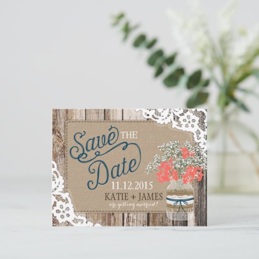 Baby's Breath Lace Rustiek Hout Save the Date Aankondigingskaart (Staand voorkant)