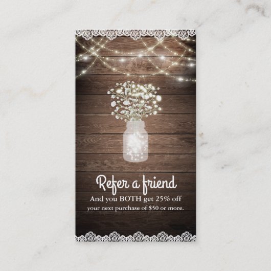 Baby's Breath & Lights Rustic Verwijs een vriend Aanbevelingskaartje (Voorkant)