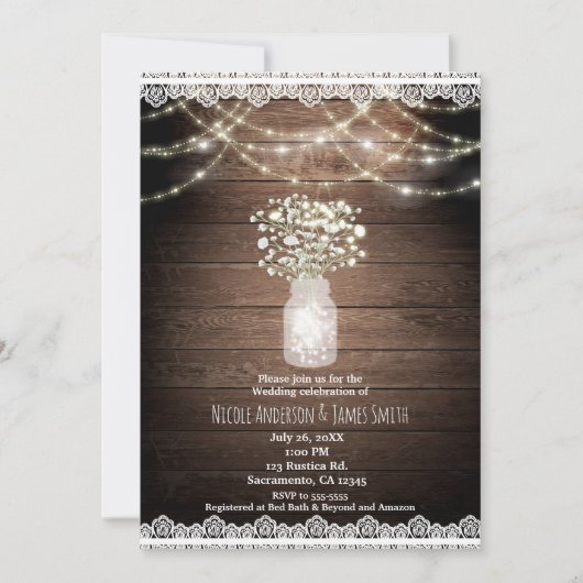 Baby's Breath & Lights Rustieke bruiloft uitnodigi Kaart (Voorkant)