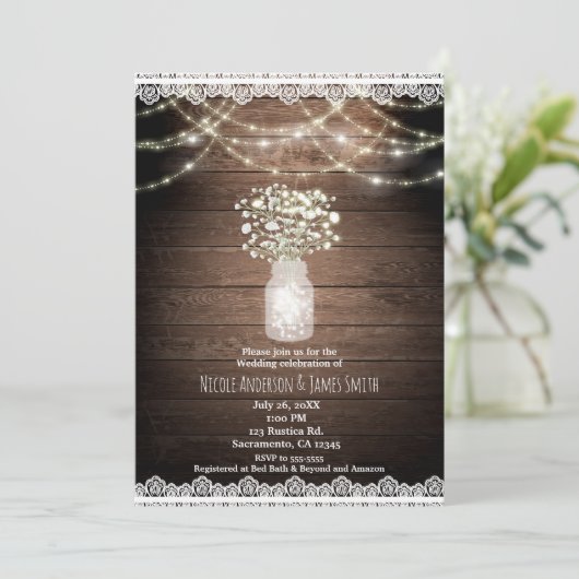Baby's Breath & Lights Rustieke bruiloft uitnodigi Kaart (Staand voorkant)