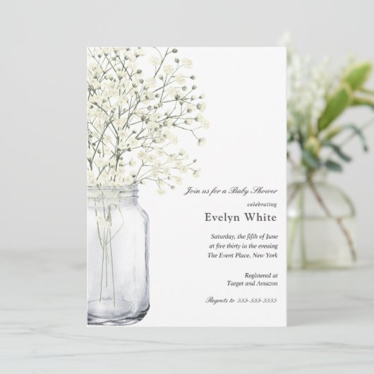 Baby's Breath Mason Jar Baby shower-uitnodiging Kaart (Staand voorkant)