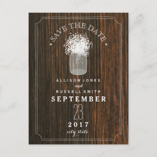 Baby's Breath Mason Jar Barn Wood Save the Date Aankondigingskaart