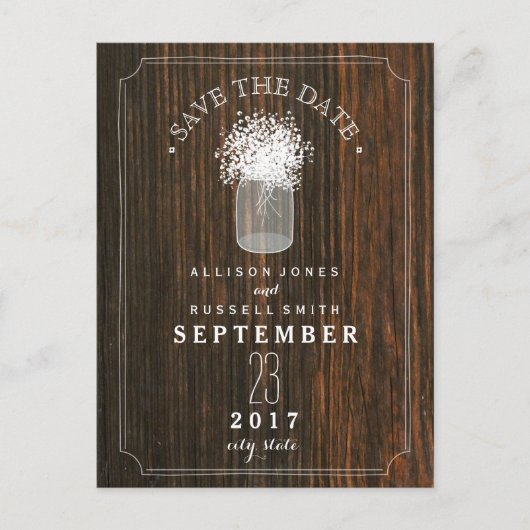 Baby's Breath Mason Jar Barn Wood Save the Date Aankondigingskaart (Voorkant)