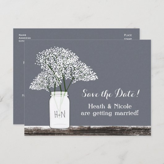 Baby's Breath Mason Jar Bewaar Datum Grijze Ansich Aankondigingskaart (Voorkant / Achterkant)