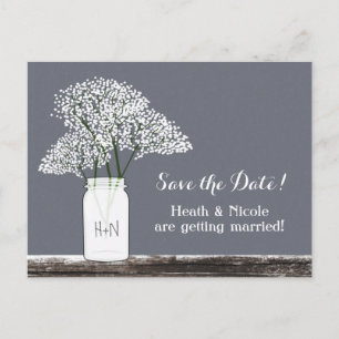 Baby's Breath Mason Jar Bewaar Datum Grijze Postka Aankondigingskaart