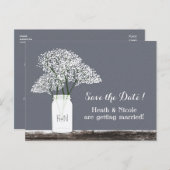 Baby's Breath Mason Jar Bewaar Datum Grijze Postka Aankondigingskaart (Voorkant / Achterkant)