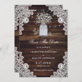 Baby's Breath Mason Jar Bloemen Kant Burlap Hout Save The Date (Voorkant / Achterkant)