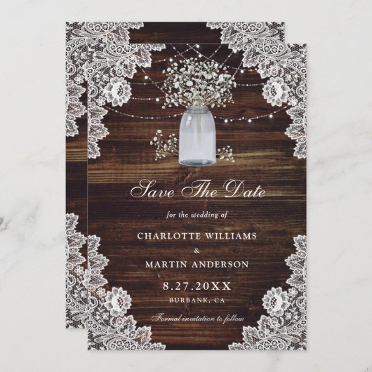Baby's Breath Mason Jar Bloemen Kant Burlap Hout Save The Date (Voorkant / Achterkant)
