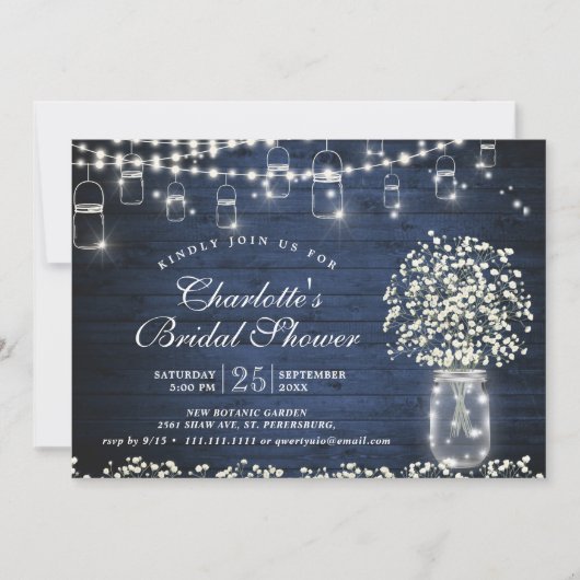 Baby's Breath Mason Jar Blue Rustiek Vrijgezellenf Kaart (Voorkant)