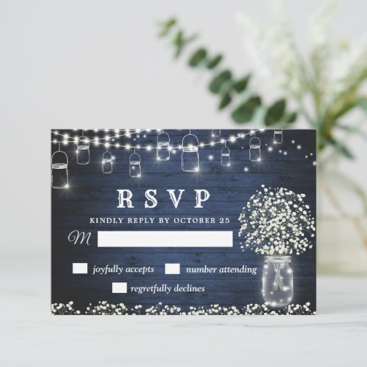 Baby's Breath Mason Jar Blue rustieke RSVP-kaart RSVP Kaartje (Staand voorkant)