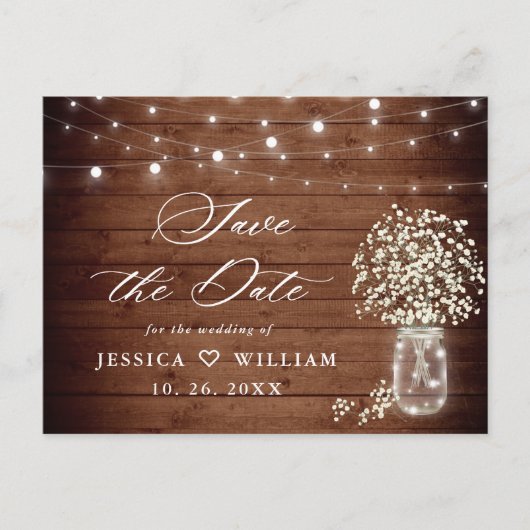 Baby's Breath Mason Jar Bruiloft Save the Date Briefkaart (Voorkant)