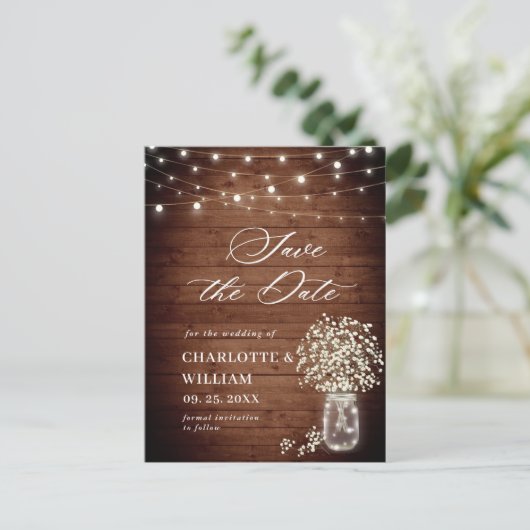 Baby's Breath Mason Jar Bruiloft Save the Date Briefkaart (Staand voorkant)