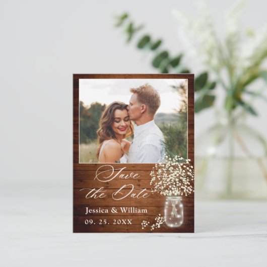 Baby's Breath Mason Jar Bruiloft Save the Date Briefkaart (Staand voorkant)