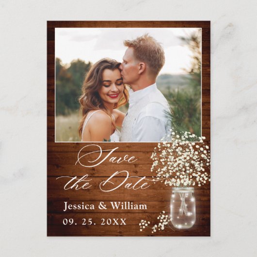 Baby's Breath Mason Jar Bruiloft Save the Date Briefkaart (Voorkant)