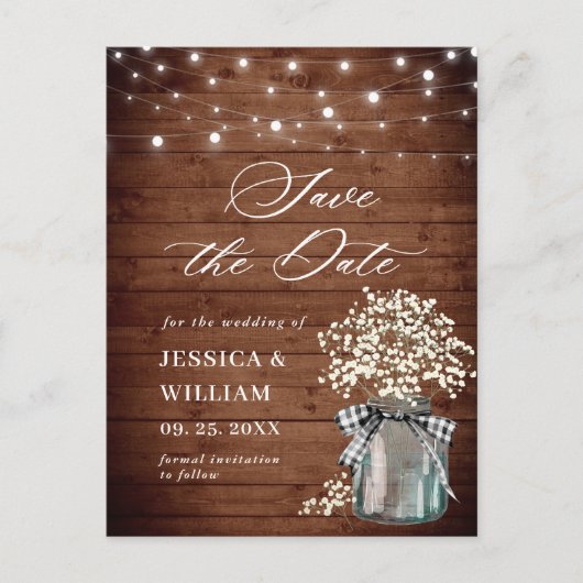 Baby's Breath Mason Jar Bruiloft Save the Date Briefkaart (Voorkant)