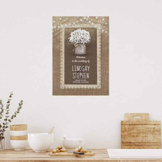 Baby's Breath Mason Jar en Burlap Wedding Welcome Poster (Keuken)