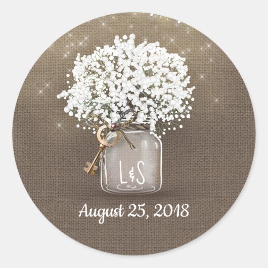 Baby's Breath Mason Jar en Rustieke Burlap Ronde Sticker (Voorkant)