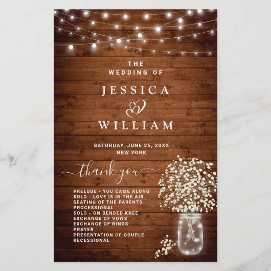 Baby's Breath Mason Jar Huwelijksceremonie Program (Voorkant)