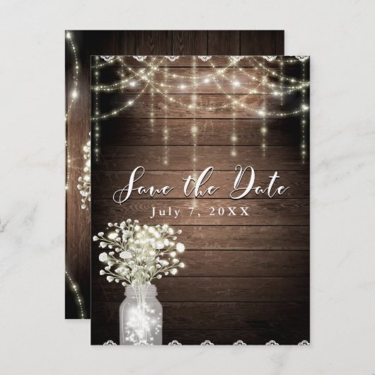 Baby's Breath Mason Jar Lights Hood Sparen de Datu Aankondigingskaart (Voorkant / Achterkant)
