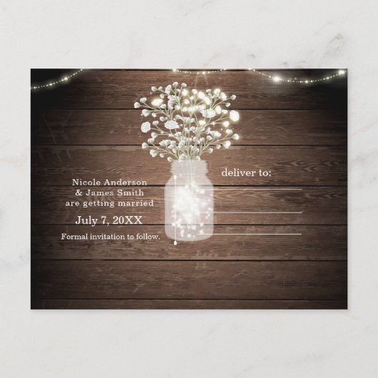Baby's Breath Mason Jar Lights Hood Sparen de Datu Aankondigingskaart (Achterkant)