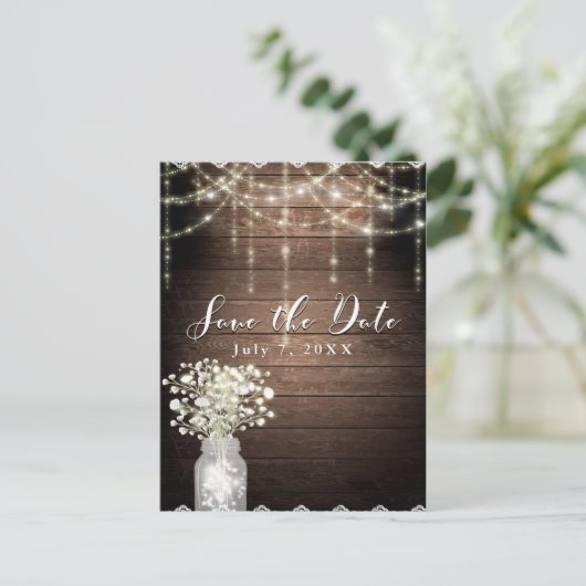 Baby's Breath Mason Jar Lights Hood Sparen de Datu Aankondigingskaart (Staand voorkant)