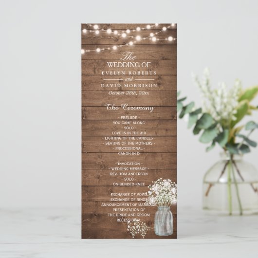 Baby's Breath Mason Jar Lights Wedding Program Programmakaart (Staand voorkant)