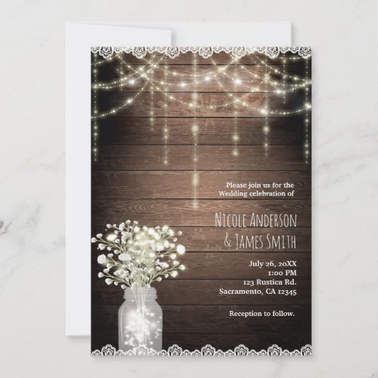 Baby's Breath Mason Jar Lights & Wood Bruiloft Kaart (Voorkant)