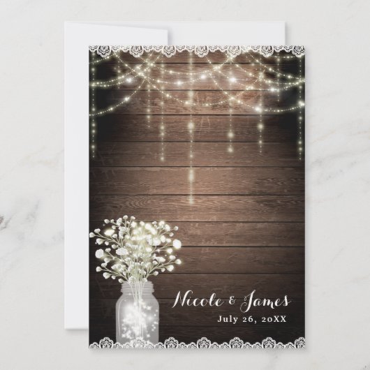 Baby's Breath Mason Jar Lights & Wood Bruiloft Kaart (Achterkant)