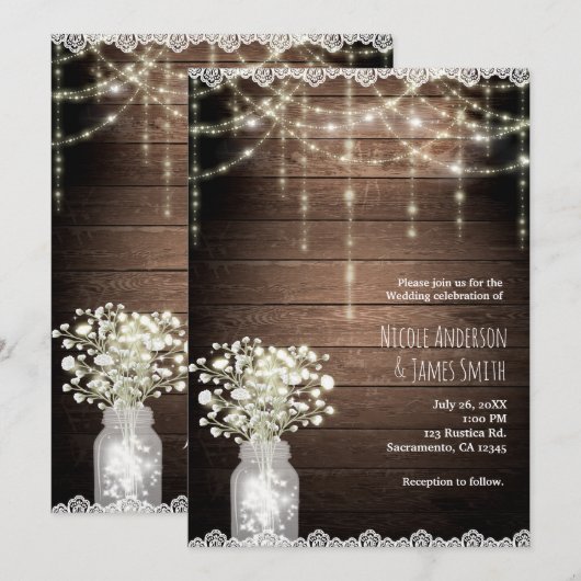 Baby's Breath Mason Jar Lights & Wood Bruiloft Kaart (Voorkant / Achterkant)