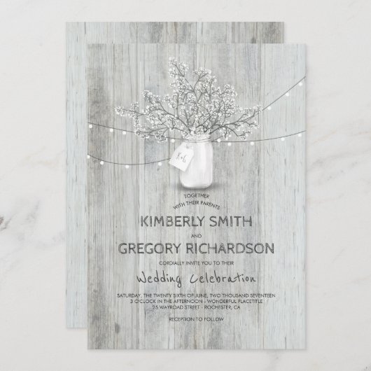 Baby's Breath Mason Jar Rustic Barn Lights Wedding Kaart (Voorkant / Achterkant)