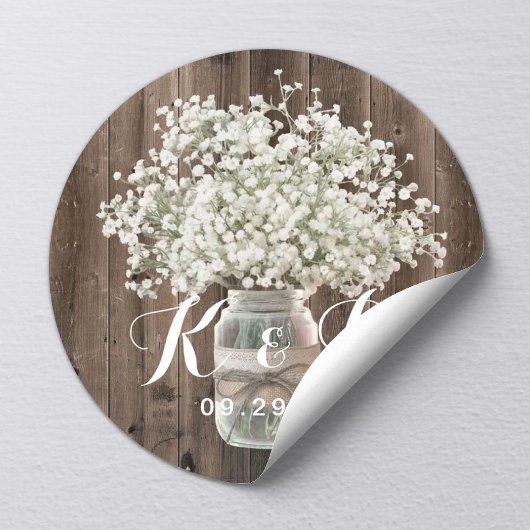 Baby's Breath Mason Jar Rustic Barn Wedding Seal Ronde Sticker