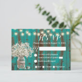 Baby's Breath Mason Jar Rustic Blauwgroen Barn Woo RSVP Kaartje (Staand voorkant)