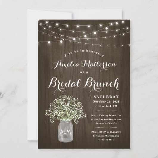 Babys Breath Mason Jar Rustic Bridal Brunch Shower Kaart (Voorkant)