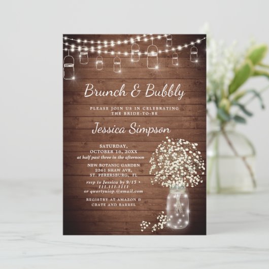 Baby's Breath Mason Jar Rustic Brunch & Bubble Kaart (Staand voorkant)