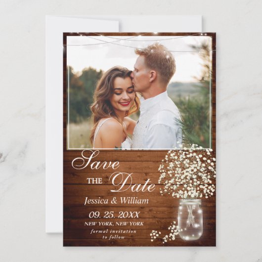 Baby's Breath Mason Jar Rustic Photo Wedding Save The Date (Voorkant)