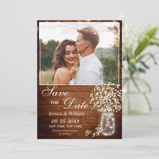 Baby's Breath Mason Jar Rustic Photo Wedding Save The Date (Staand voorkant)