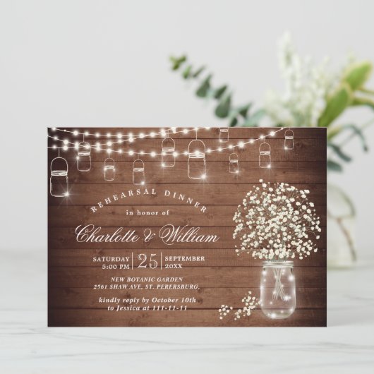 Baby's Breath Mason Jar Rustic Rehearsal Kaart (Staand voorkant)