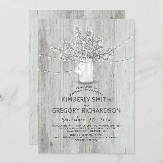 Baby's Breath Mason Jar Rustic Rehearsal Kaart (Voorkant / Achterkant)