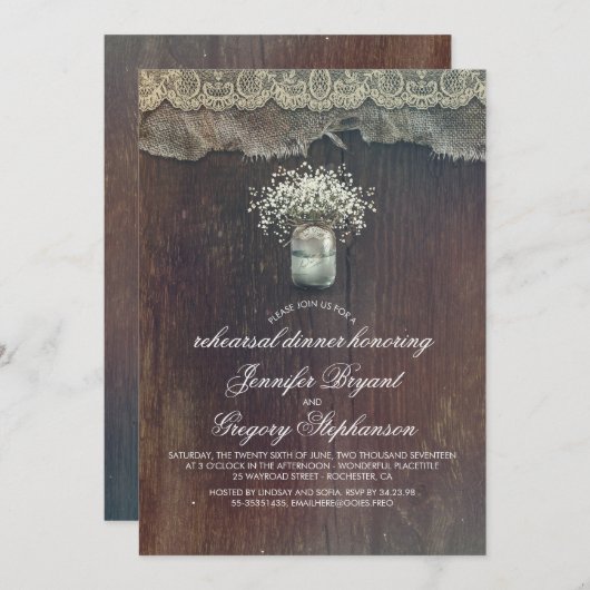 Baby's Breath Mason Jar Rustic Rehearsal Kaart (Voorkant / Achterkant)