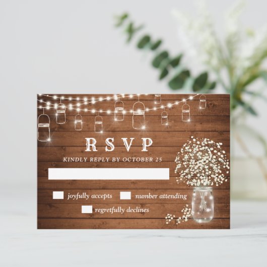 Baby's Breath Mason Jar Rustic RSVP Card (Staand voorkant)
