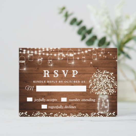 Baby's Breath Mason Jar Rustic RSVP Card (Staand voorkant)
