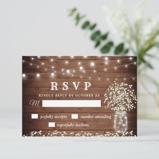 Baby's Breath Mason Jar Rustic RSVP Card (Staand voorkant)