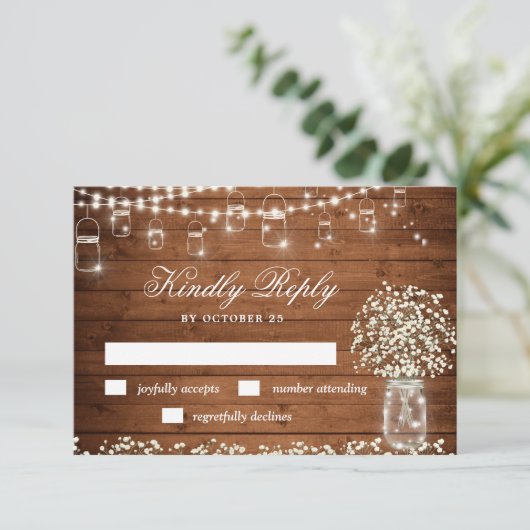 Baby's Breath Mason Jar Rustic RSVP Card (Staand voorkant)