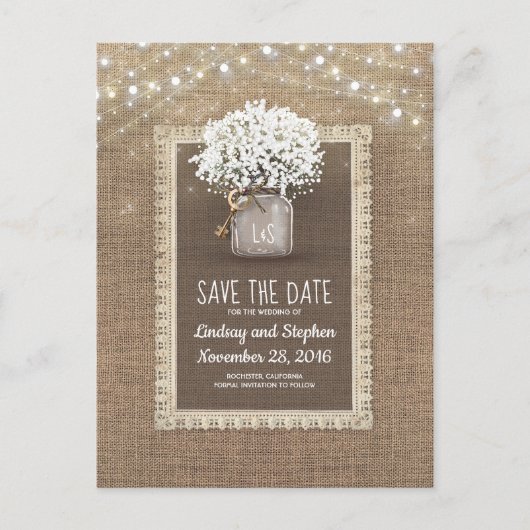 Baby's Breath Mason Jar Rustic Save the Date Aankondigingskaart (Voorkant)