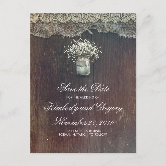 Baby's Breath Mason Jar Rustic Save the Date Aankondigingskaart (Voorkant)
